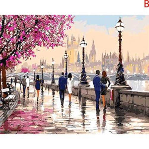 Frameless Cherry Blossoms Road DIY Oil Painting by Numbers Kits Wall Art Picture Home Decor Gifts